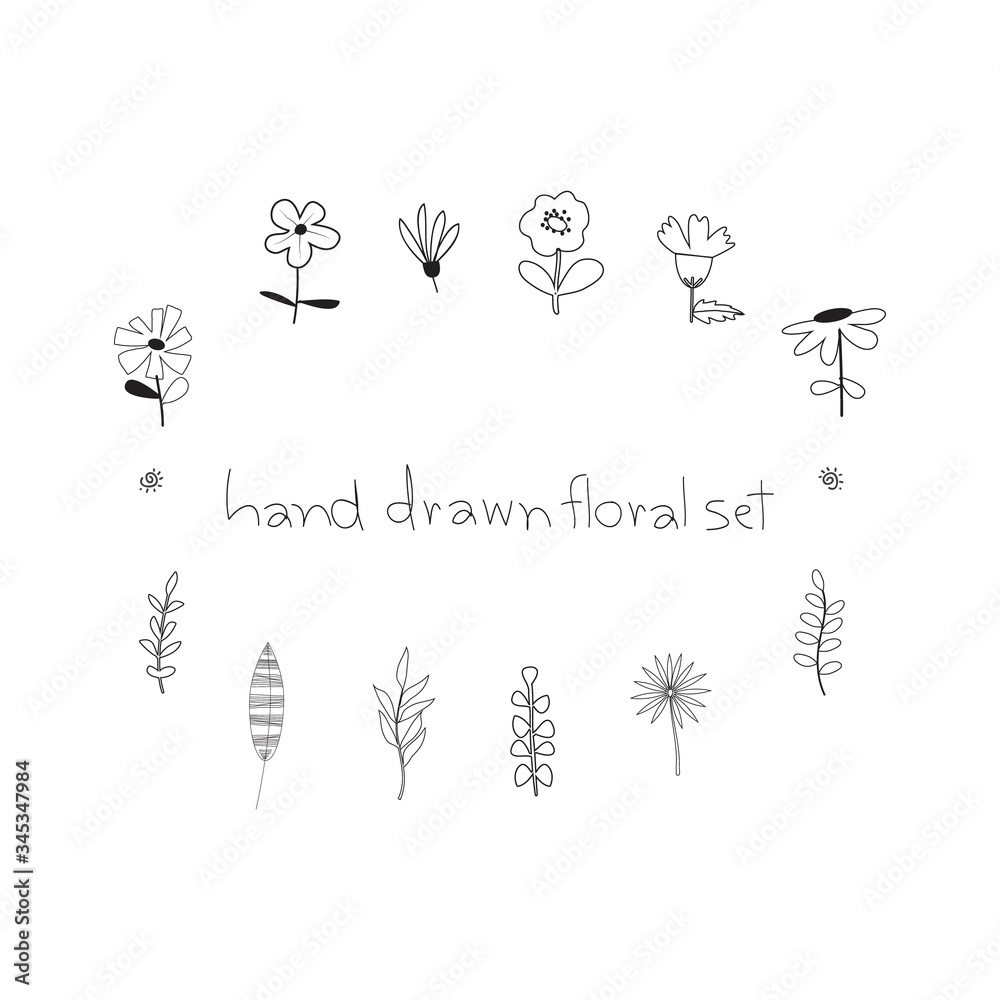 Fototapeta premium Seamless hand drawn flowers and leaves line art pattern in black and white ,minimalist vector background for wallpaper, wrapping,packaging design. 