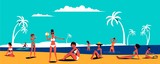 People in swimsuits swim in the sea, sunbathe on the beach, play with the ball. Summer rest. Flat vector illustration.