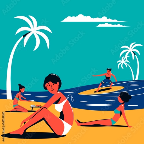 Vacationing people in swimsuits vacationing on the beach. Summer resort. Vector illustration.