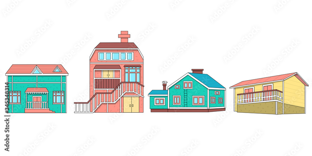 Collection of  buildings isolated on white background. House set. Collection of cottage, modern architecture. Idea of real estate. Isolated flat illustration vector