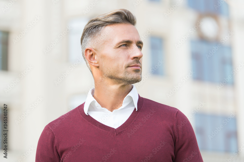 Intellectual work. Man stylish hairstyle. Male face. Businessman concept.  Attractive mature man. Mature man grey hair and bristle outdoors. Predict  developments. Lost in thoughts. Cognitive process Stock Photo | Adobe Stock