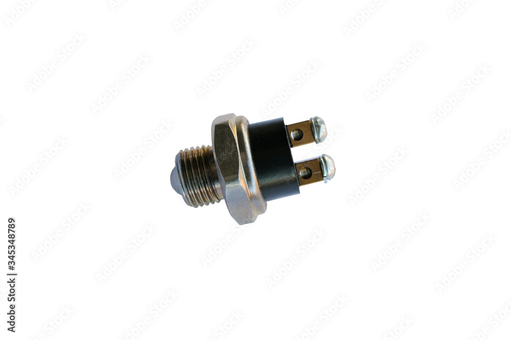 Sensor for activating the car's brake signal on an isolated white background. Spare parts. Sensor for activating the car's brake signal on an isolated white background. Spare parts.