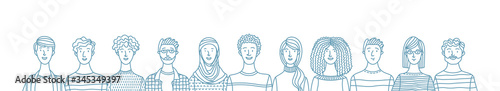 Multicultural smiling adult men and women standing together