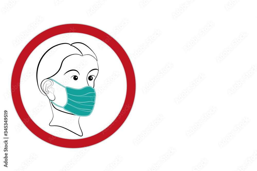 Fototapeta premium Gebotszeichen Maskenpflicht mit rotem runden Rahmen auf weißem Hintergrund.