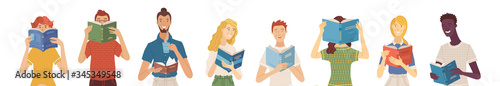 People standing and reading books