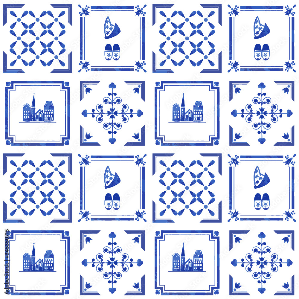 Watercolor seamless patterns with dutch ornaments. floral elements and decorations. Netherlands tiles 
