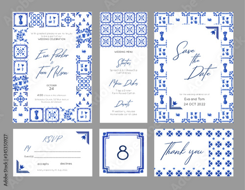 Watercolor wedding set of invitation, save the date, thank you and table number cards in dutch stile with Holland tiles