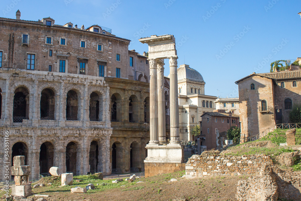 Theatre of Marcellus (in italian Teatro di Marcello e Tempio di Apollo Sosiano) and Temple of Apollo Sosianus Rome Italy