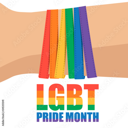 Bracelet on the hand in the colors of the LGBT movement. LGBT day poster, flyer, banner, business card, invitation. Vector Illustrator. LGBT pride month.