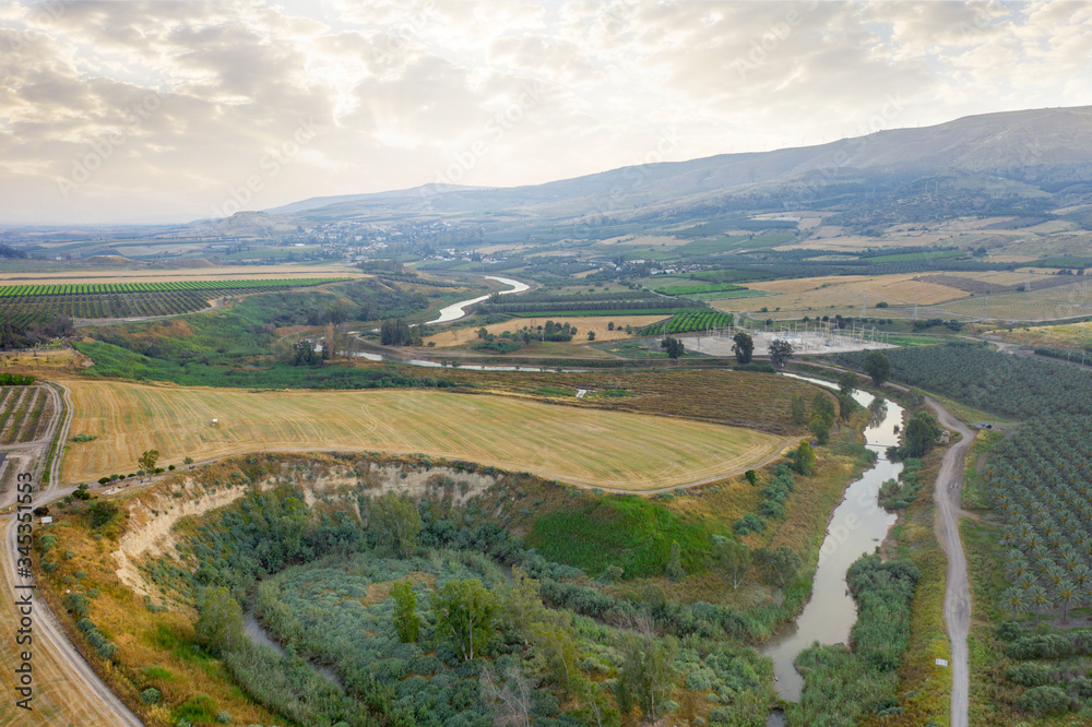 landscape from aerial of Northern part of Israel. spring in Israel with a view of the Jordan river. 