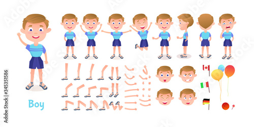 Boy character constructor. Cartoon boy creation mascot kit. Character creation set poses and emotions for animation and illustrations