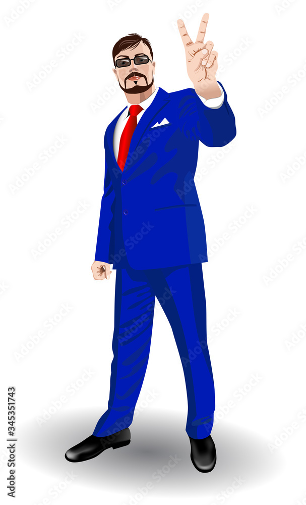 Man in a business suit demonstrates victory gesture