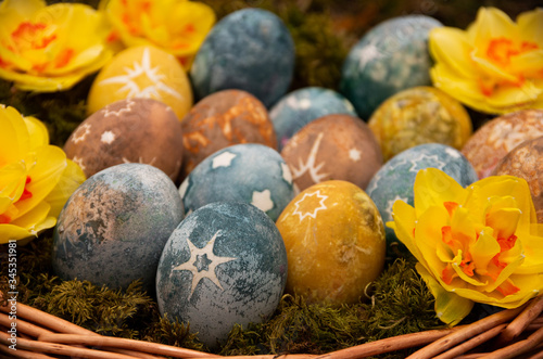 Easter painted eggs with stars and daffodils