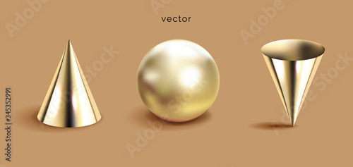 3D geometric shapes set, brown background. Mathematical figures banner. Golden cones and sphere vector illustration in realistic style