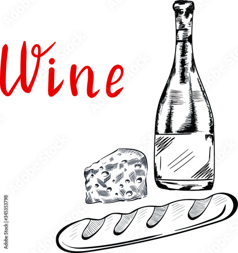 Wine, cheese, bakery food tasty vector isolated illustration on white background. Concept for logo, menu, cards