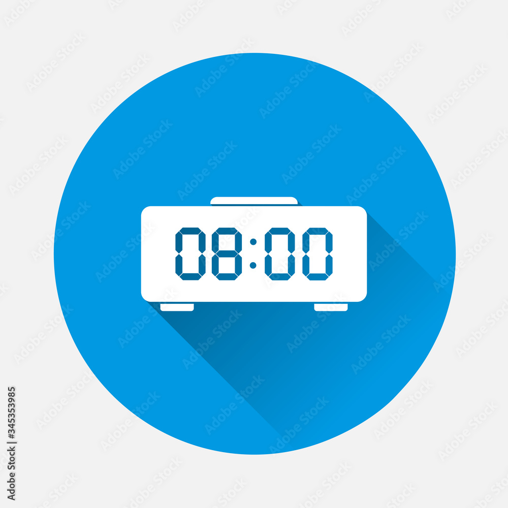 Digital electronic clock vector icon on blue background. Flat image with long shadow. Digital electronic clock vector icon on blue background. Flat image with long shadow.