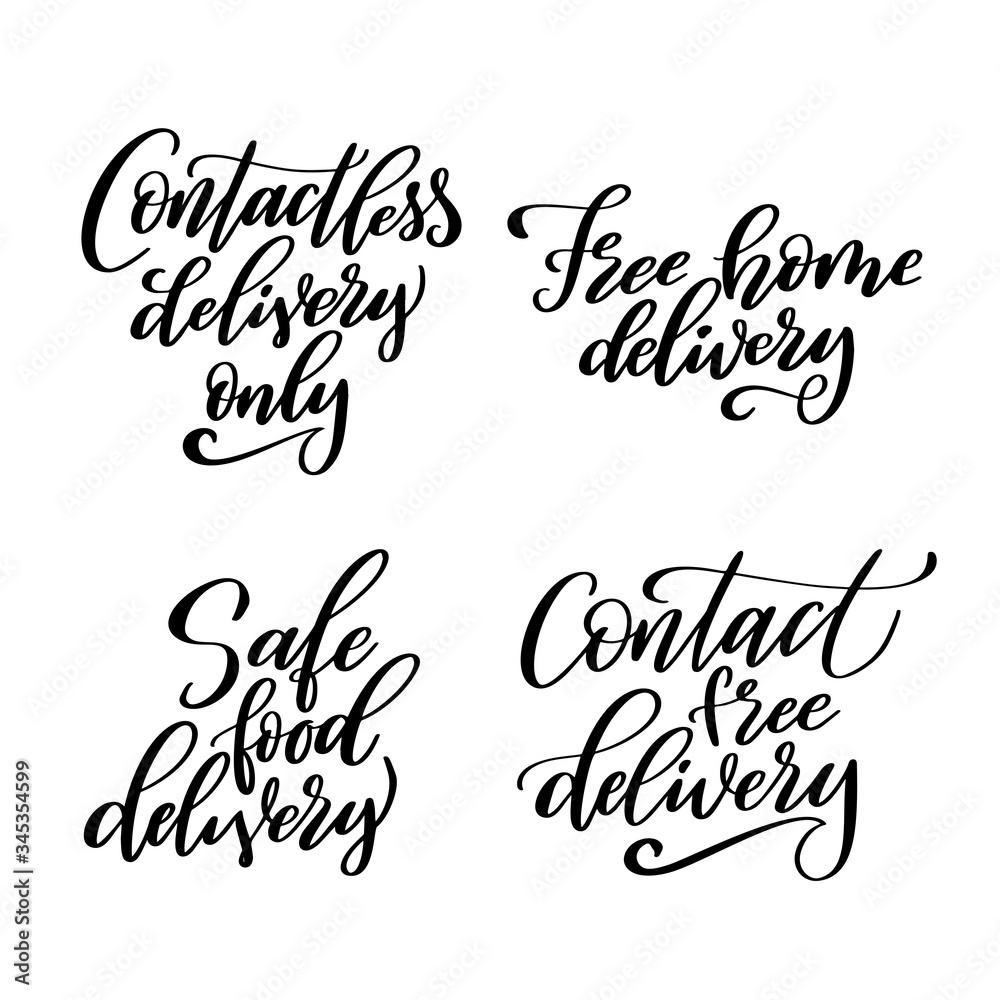 Set of Contactless delivery lettering quote in script style. Hand drawn lettering for poster or banner isolated on white background. Vector illustration Set of Contactless delivery lettering quote in script style. Hand drawn lettering for poster or banner isolated on white background. Vector illustration