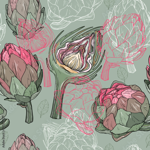 Vector seamless pattern with hand drawn artichoke
