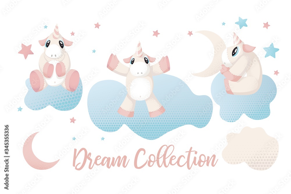 Set of magic fairy unicorn elements, isolated vector objects, flat design
