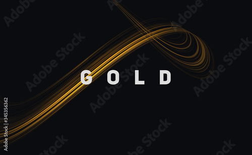 Golden lines forming fluid loop curve in 3d space, abstract energy metal digital composition with text gold, wallpaper