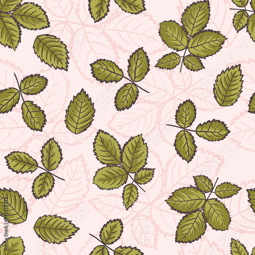 Green Leaves on Pink Background Vector Seamless Pattern © Farijazz