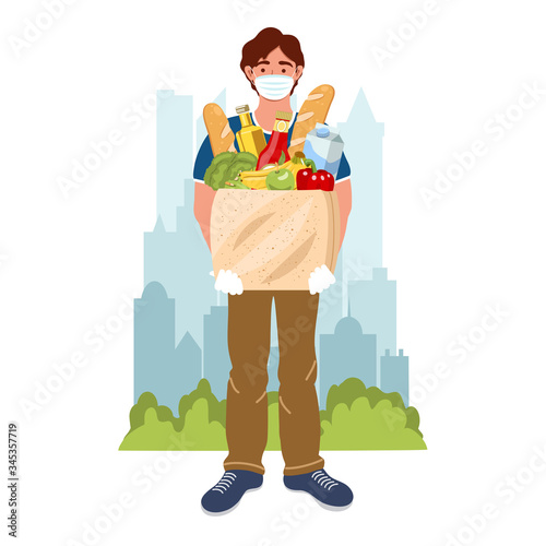Courier with the product package on the city background. Male courier character with food during the prevention of virus. Safety home and quarantine concept. Vector illustration in flat style. 