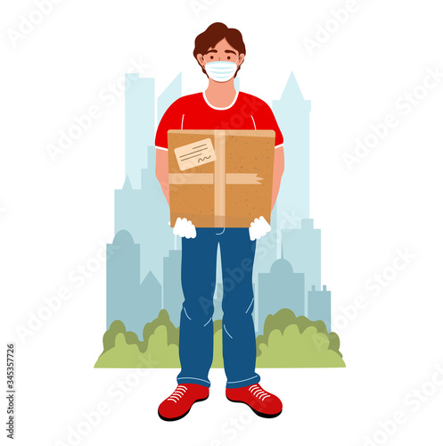 Courier with the package on the city background. Male courier character with box during the prevention of virus. Safety home and quarantine concept. Vector illustration in flat style. 