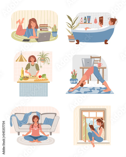 Set of young women doing different home activities: working, studying, doing exercises, cooking, takes a bath, meditating, reading in modern interior.  Happy people at home. Vector  flat  illustration