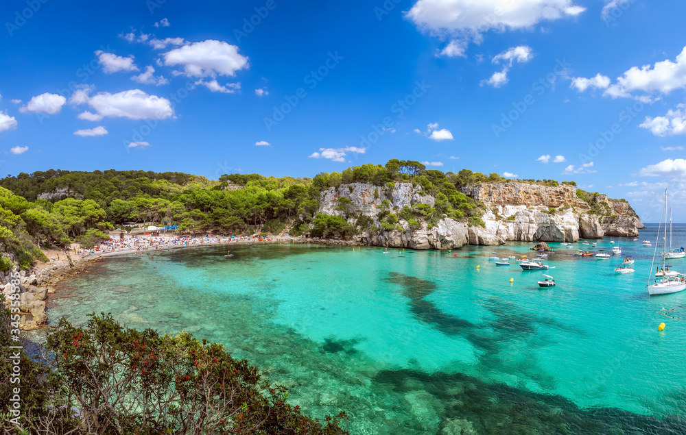 Panoramic view of the most beautiful beach Cala Macarella of Menorca island, Balearic islands, Spain