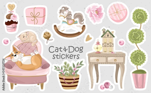 Set of Corgi and Cat stickers,icons. Cute dog with romantic items. Vector illustration. Printing on fabric, paper, postcards, invitations.