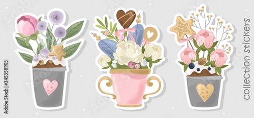 Romantic stickers with bouquets of flowers, branches and cute elements. Printing on paper, fabric, and the dishes, too. Vector illustration.