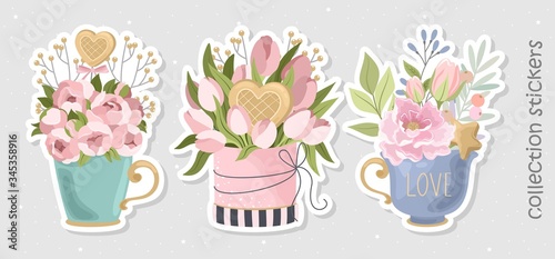 Romantic stickers with bouquets of flowers, branches and cute elements. Printing on paper, fabric, 
and the dishes, too. Vector illustration.