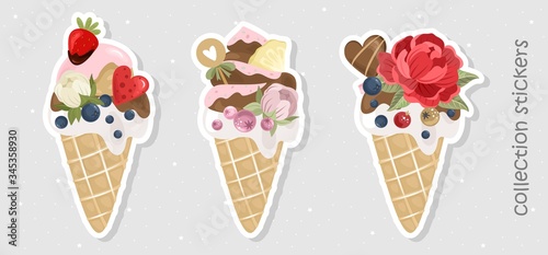 Romantic stickers with ice cream, sweet dessert, flowers. Printing on paper, fabric, 
and the dishes. Vector illustration.