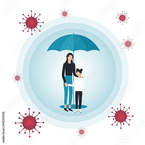 Family vector flat illustration during Coronavirus Covid-19. Coronavirus infection control. Bacteria in the air. Immune system protection, boost, boosters, support. Protection with umbrella