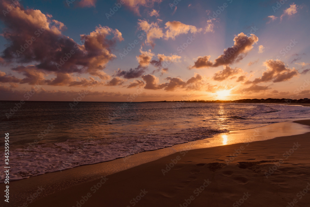 sunset palm trees on white sand tropical island of Anguilla