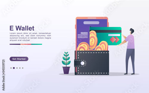 E-Wallet concept. People save money online using cards. Pay for goods shopping online with a credit card. Invest online. Can use for web landing page, banner, flyer, mobile app. Vector Illustration