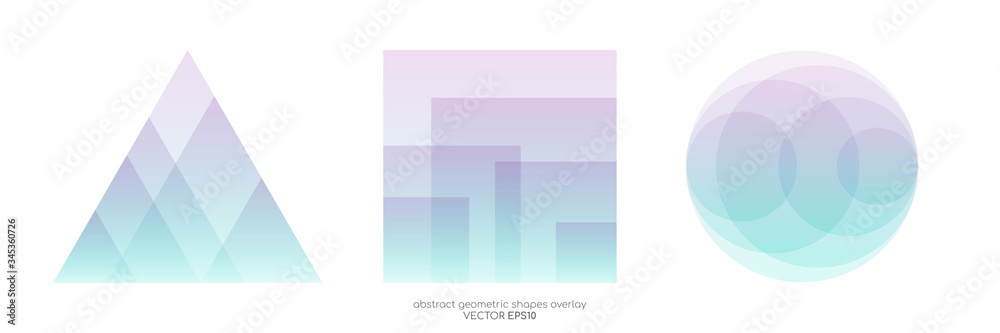 Set of vector abstract geometric shape triangle, square, circle by colorful pastel gradient transparent green and purple color overlay for design elements, background, banner modern style.