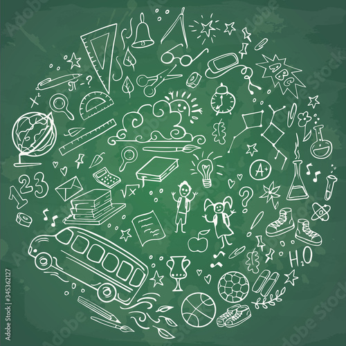 Back to School banner. Doodles icons of education, science objects, office supplies and lettering Back to School on green chalkboard. Vector illustration.