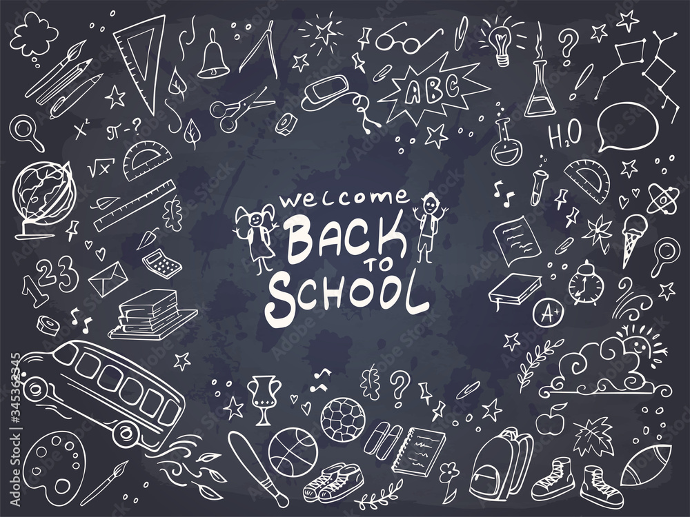 Back to School banner. Doodles icons of education, science objects, office supplies and lettering Back to School on chalckboard. Vector illustration.