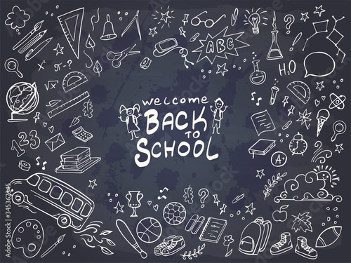 Back to School banner. Doodles icons of education, science objects, office supplies and lettering Back to School on chalckboard. Vector illustration.