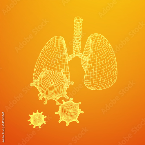 Corona Virus and Lungs with trachea bronchi internal organ human. Covid virus pulmonology medicine science concept. Wireframe low poly mesh vector illustration.