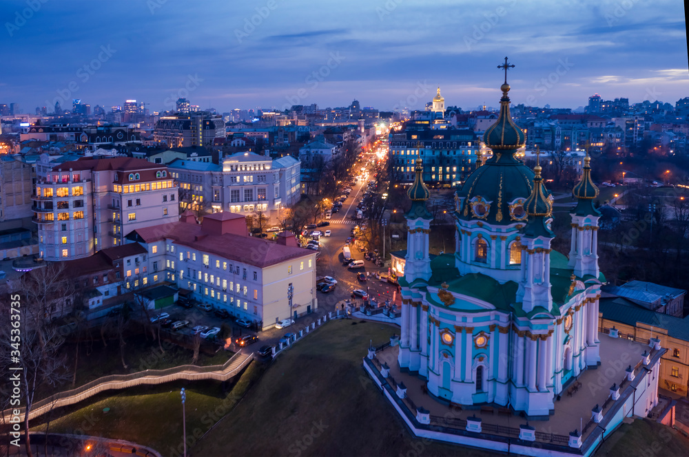 Fototapeta premium Andrew's Church at night. Kiev, Ukraine. Aerial view of Kyiv