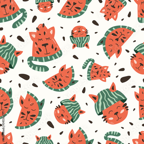Vector seamless pattern design collection. Cute and funny watermelon cat isolated on the white background. Trendy animals in caps and glasses. Creative childish pink texture. Great for fabric, textile
