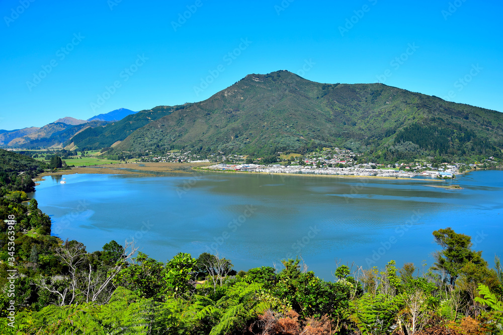 Beautiful New Zealand landscape with the small town Havelock. Marlborough Sounds, South Island.