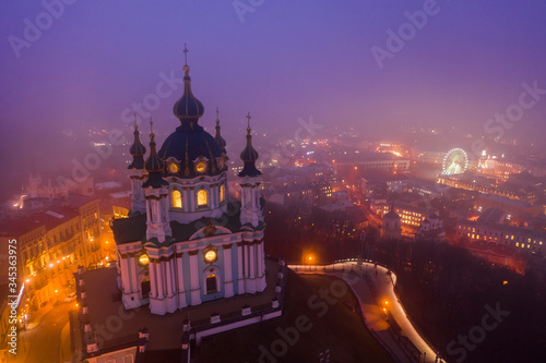 Andrew's Church at night. Kiev, Ukraine. Aerial view of Kyiv