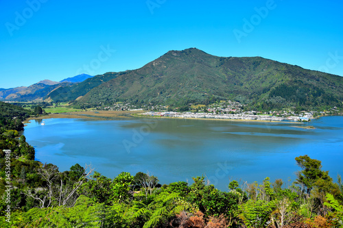 Beautiful New Zealand landscape with the small town Havelock. Marlborough Sounds, South Island.