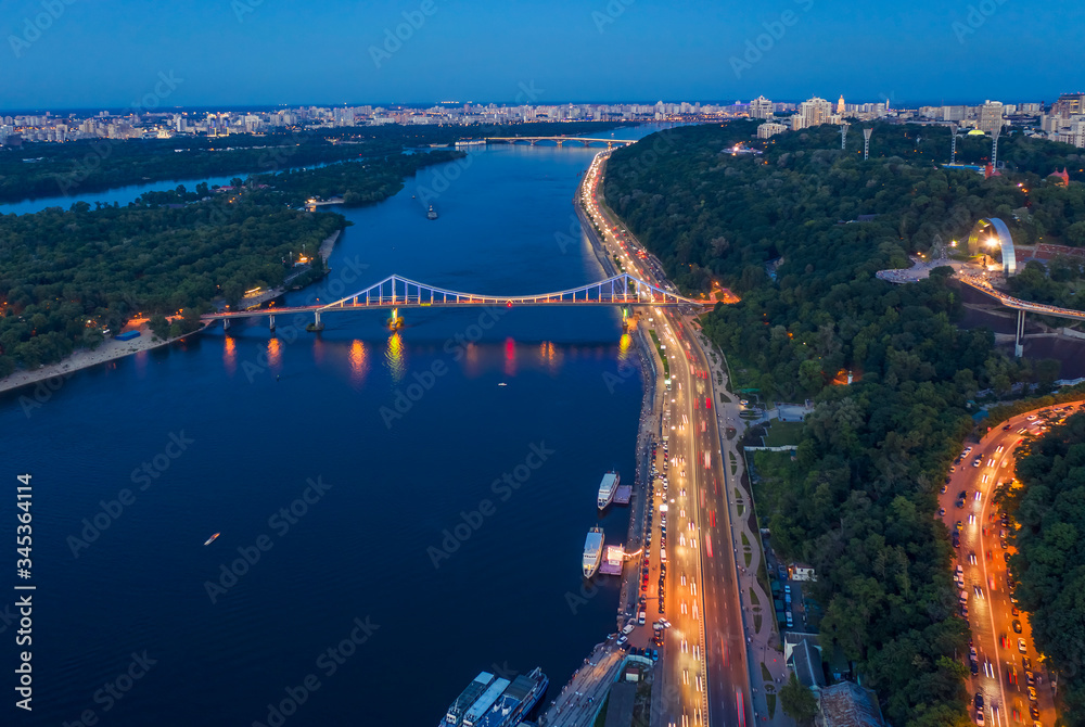 Naklejka premium Night aerial view of Kyiv city, Ukraine