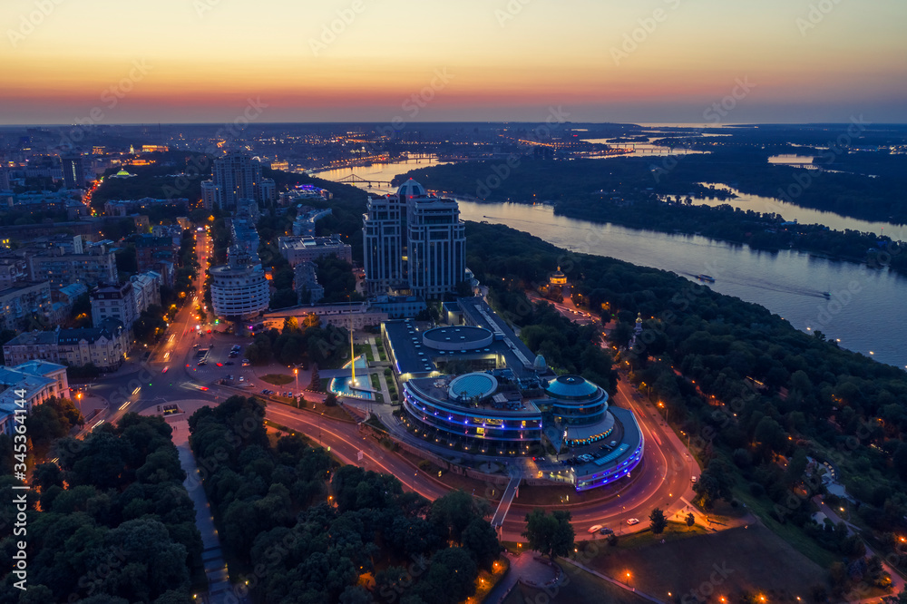 Night aerial view of Kyiv city, Ukraine