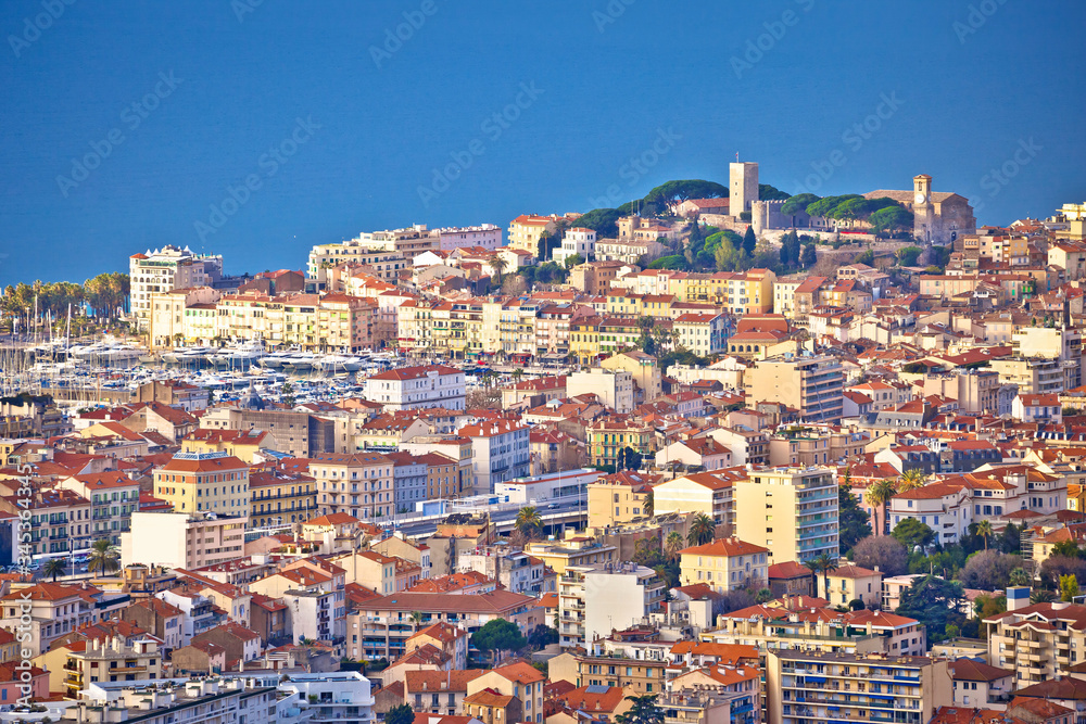 French riviera. Town of Cannes. Panoramic view of Cannes cityscape and seafront from hill