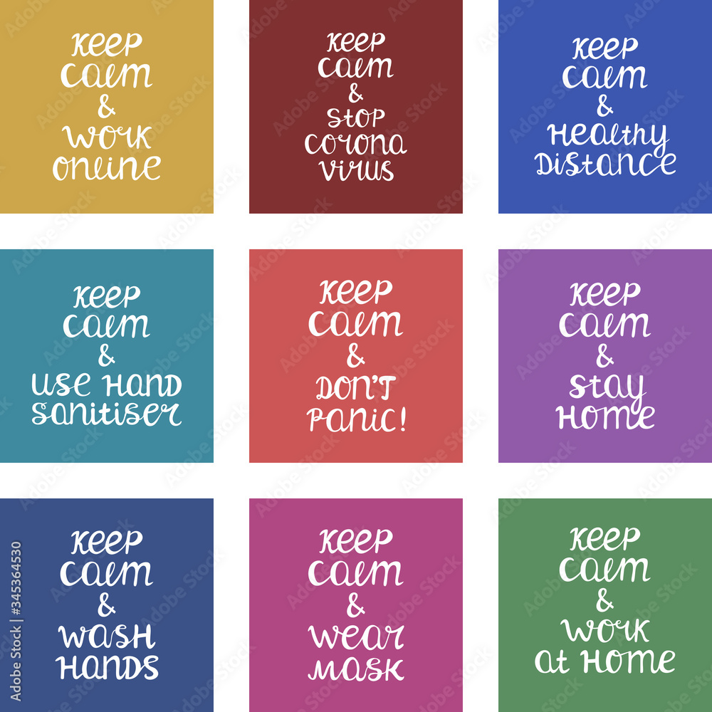 Colorful banner collection quotes keep calm during coronavirus pandemic. Wash hands, healthy distance, stay home, work from home, wear mask. Cute handwritten lettering. Vector stock illustration.